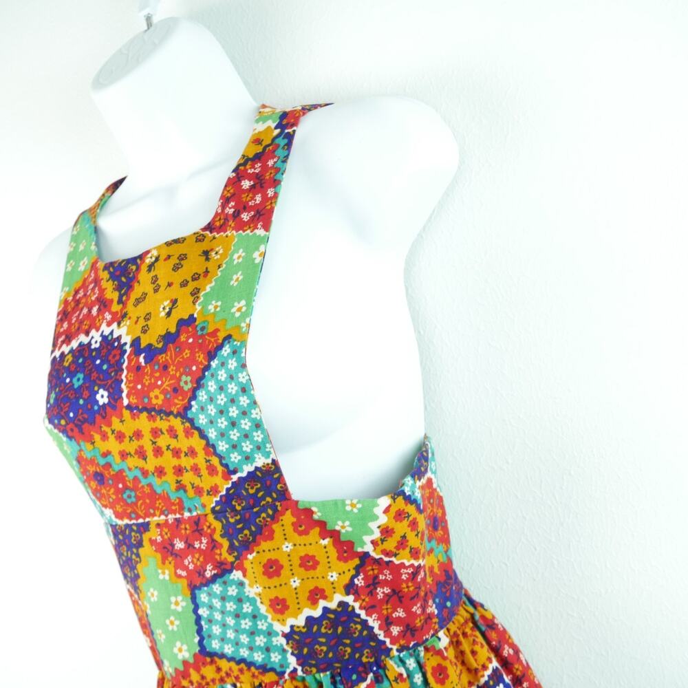 Vintage 70s Pinafore Maxi Dress Apron Patchwork XS S Cottagecore Prairie Ruffle - Picture 3 of 8
